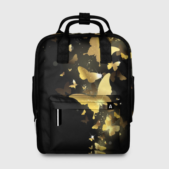 Рюкзак с принтом Золотые бабочки для женщины, вид спереди №1. Цвет основы: белый