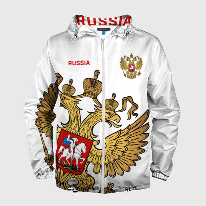 Ветровка с принтом Россия для мужчины, вид спереди №1. Цвет основы: белый