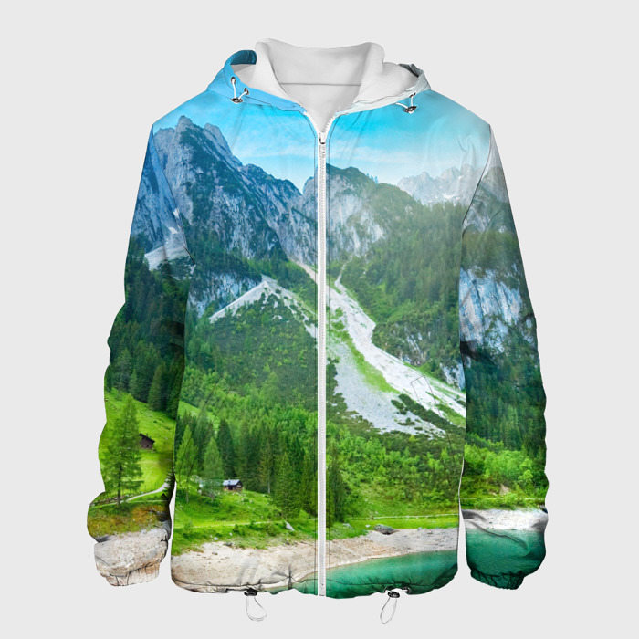 Куртка с принтом Альпийские горы для мужчины, вид спереди №1. Цвет основы: белый