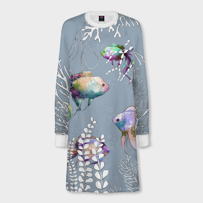 Женское платье-свитшот с принтом Разноцветные акварельные рыбки и белые водоросли для любого человека, вид спереди №1. Цвет основы: белый