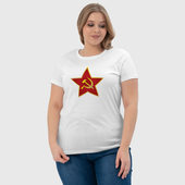 Футболка с принтом СССР звезда для женщины, вид на модели спереди №4. Цвет основы: белый
