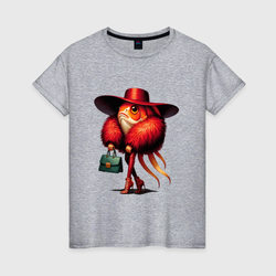 Женская футболка хлопок Рыба-модница в шубе, шляпе и с сумкой со скидкой в -20%