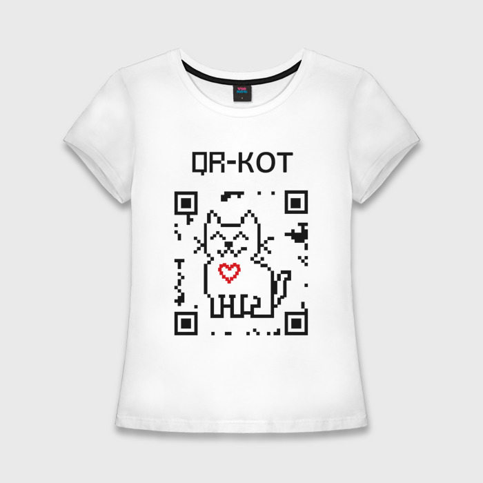 Женская приталенная футболка из хлопка с принтом QR-code-kote, вид спереди №1
