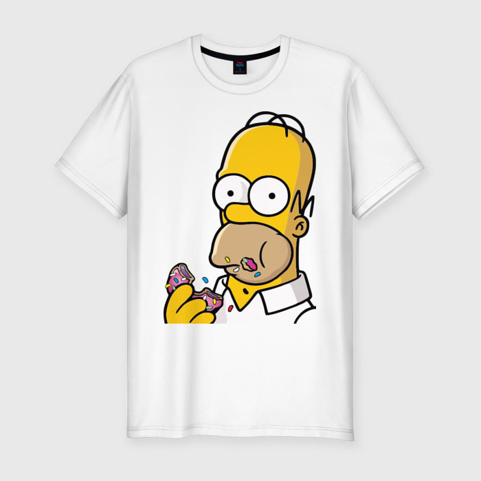 Мужская приталенная футболка из хлопка с принтом Гомер с Пончиком, вид спереди №1