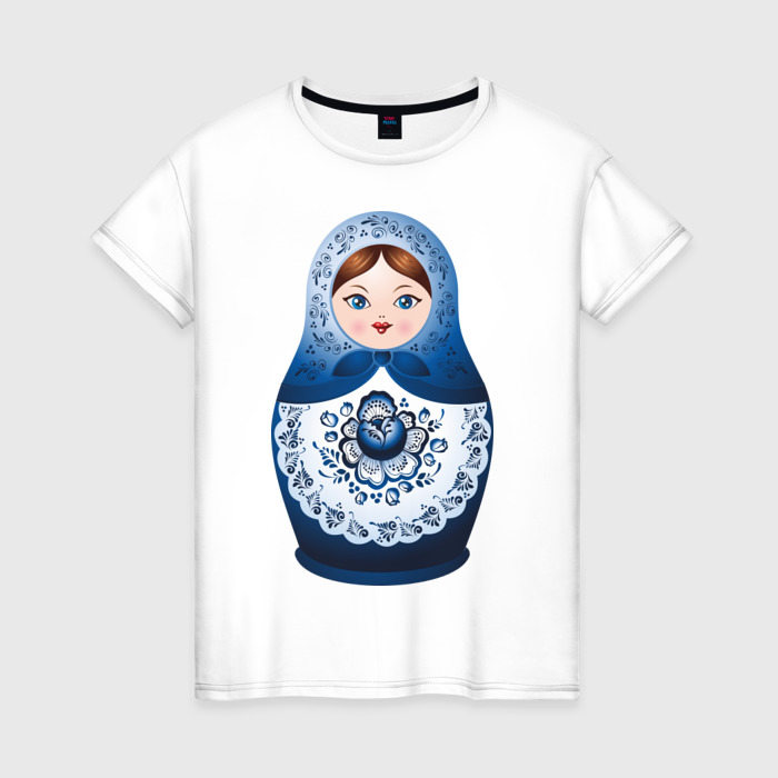 Женская футболка из хлопка с принтом Матрешка Гжель, вид спереди №1