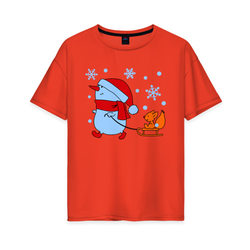 Снеговик с санками – Женская футболка хлопок Oversize с принтом купить со скидкой в -16%