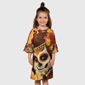 Платье с принтом Девушка. Сахарный череп для ребенка, вид на модели спереди №3. Цвет основы: белый