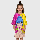 Платье с принтом POP art для ребенка, вид на модели спереди №3. Цвет основы: белый