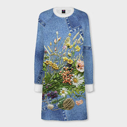Джинсовый - полевые цветы – Женское платье-свитшот 3D с принтом купить