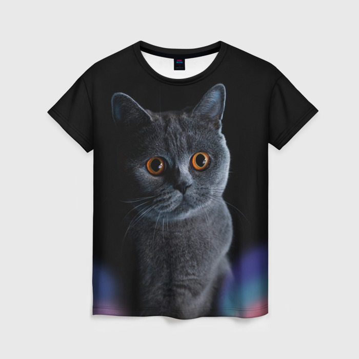 Женская футболка с принтом Британец кот удивлён, вид спереди №1