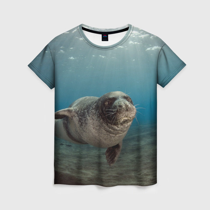 Женская футболка с принтом Тюлень под водой, вид спереди №1