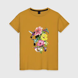 Калибри и цветы – Женская футболка хлопок с принтом купить со скидкой в -20%
