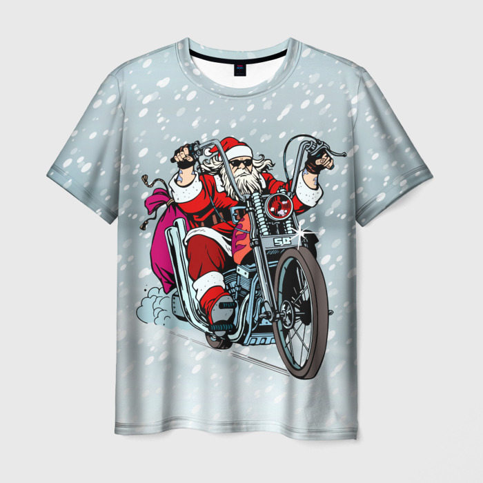 Мужская футболка с принтом Санта Клаус байкер, вид спереди №1