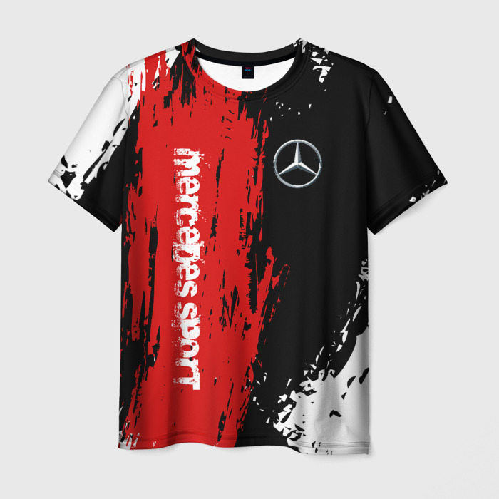 Мужская футболка с принтом Mercedes-Benz AMG Мерседес спорт, вид спереди №1