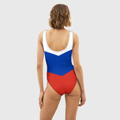 Купальник с принтом Россия для женщины, вид на модели сзади №2. Цвет основы: белый