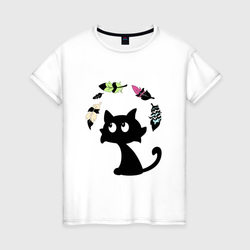 Котик и перья – Женская футболка хлопок с принтом купить со скидкой в -20%
