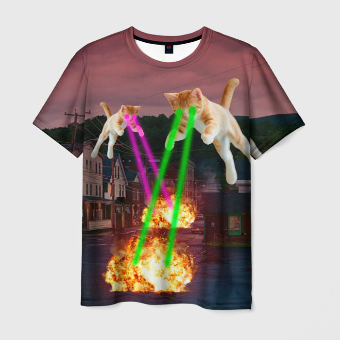 Мужская футболка с принтом Кошачья атака лазерами — мем авиация, вид спереди №1