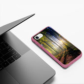Чехол для iPhone 7/8 матовый с принтом Утро в лесу для любого человека, вид спереди №5. Цвет основы: малиновый