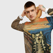 Толстовка с принтом Крик котика для мужчины, вид на модели спереди №3. Цвет основы: белый