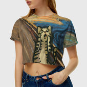 Топик (короткая футболка или блузка, не доходящая до середины живота) с принтом Крик котика для женщины, вид на модели спереди №3. Цвет основы: белый