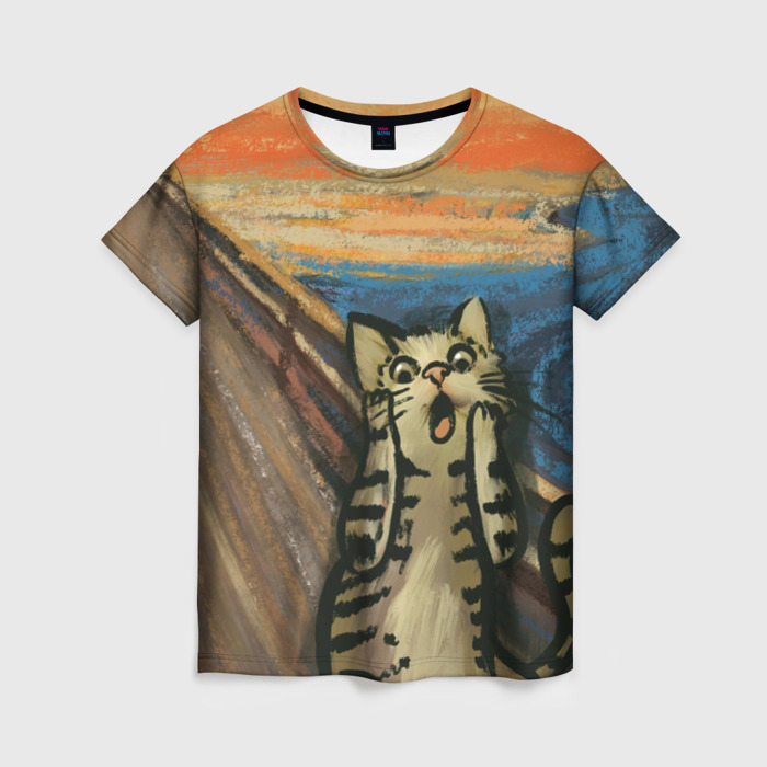 Женская футболка с принтом Крик котика, вид спереди №1