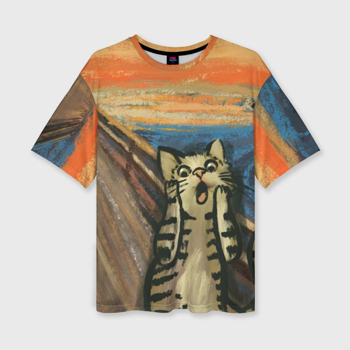 Женская футболка Oversize с принтом Крик котика, вид спереди №1