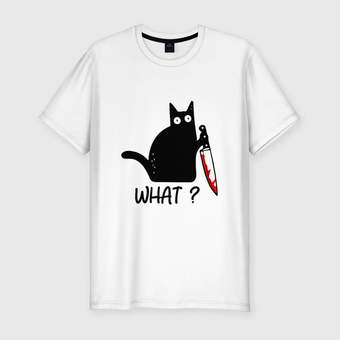 Мужская приталенная футболка из хлопка с принтом What cat, вид спереди №1