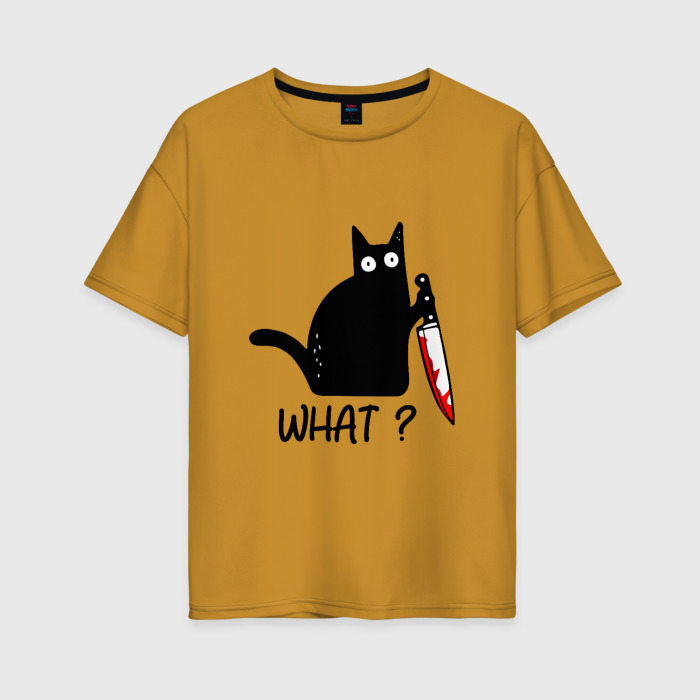 Женская футболка из хлопка оверсайз с принтом What cat, вид спереди №1