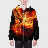 Куртка с принтом Феникс в огне для мужчины, вид на модели спереди №3. Цвет основы: белый
