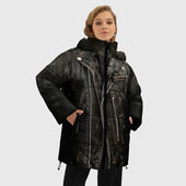 Куртка с принтом Косуха терминатора для женщины, вид на модели спереди №2. Цвет основы: черный
