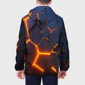 Куртка с принтом Разлом неоновых плит в трехмерном для мужчины, вид на модели сзади №2. Цвет основы: белый