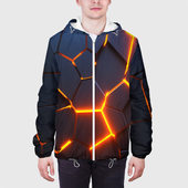 Куртка с принтом Разлом неоновых плит в трехмерном для мужчины, вид на модели спереди №3. Цвет основы: белый