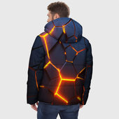 Куртка с принтом Разлом неоновых плит в трехмерном для мужчины, вид на модели сзади №2. Цвет основы: черный