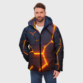 Куртка с принтом Разлом неоновых плит в трехмерном для мужчины, вид на модели спереди №2. Цвет основы: черный