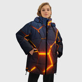 Куртка с принтом Разлом неоновых плит в трехмерном для женщины, вид на модели спереди №2. Цвет основы: черный