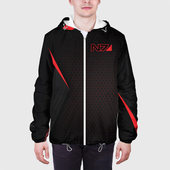 Куртка с принтом Mass Effect N7 для мужчины, вид на модели спереди №3. Цвет основы: белый