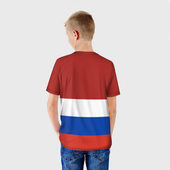 Футболка с принтом СССР — Россия для ребенка, вид на модели сзади №2. Цвет основы: белый