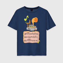 Gramophone bird – Женская футболка хлопок Oversize с принтом купить со скидкой в -16%