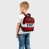 Рюкзак с принтом Minecraft TNT Майнкрафт ТНТ для ребенка, вид на модели спереди №2. Цвет основы: белый