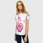 Футболка с принтом Пончик сердечко для женщины, вид на модели спереди №2. Цвет основы: белый