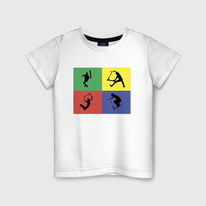 Детская футболка из хлопка с принтом Трюковый самокат фристайл, вид спереди №1