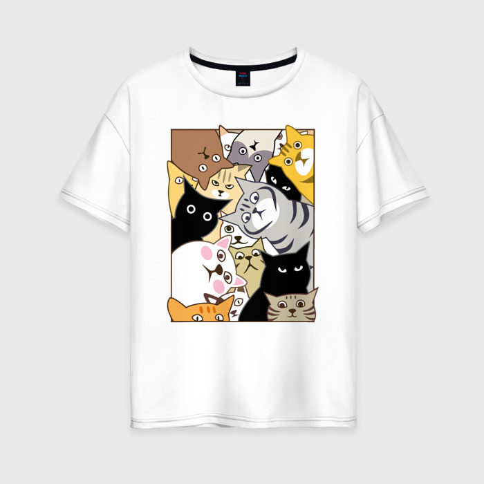 Женская футболка из хлопка Oversize с принтом Котики шпионы, вид спереди №1