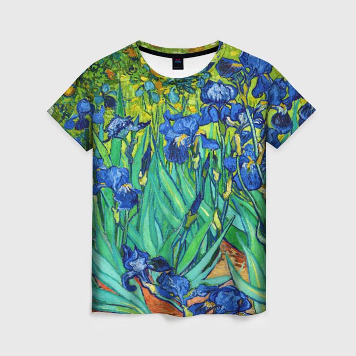 Женская футболка с принтом Ирисы Ван Гога, вид спереди №1