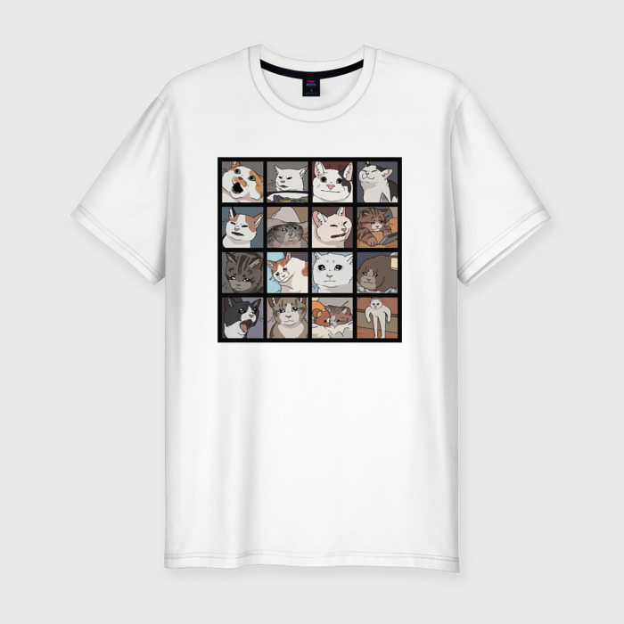 Мужская приталенная футболка из хлопка с принтом Коты из мемов, вид спереди №1
