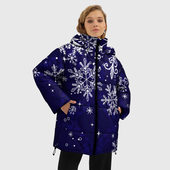 Куртка с принтом Новогодние снежинки для женщины, вид на модели спереди №2. Цвет основы: черный