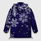 Куртка с принтом Новогодние снежинки для женщины, вид сзади №1. Цвет основы: черный