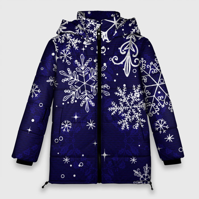 Женская зимняя куртка оверсайз с принтом Новогодние снежинки, вид спереди №1