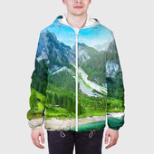 Куртка с принтом Альпийские горы для мужчины, вид на модели спереди №3. Цвет основы: белый