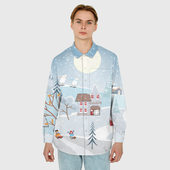 Рубашка с принтом Зимний дворик новогодний для любого человека, вид спереди №2. Цвет основы: белый