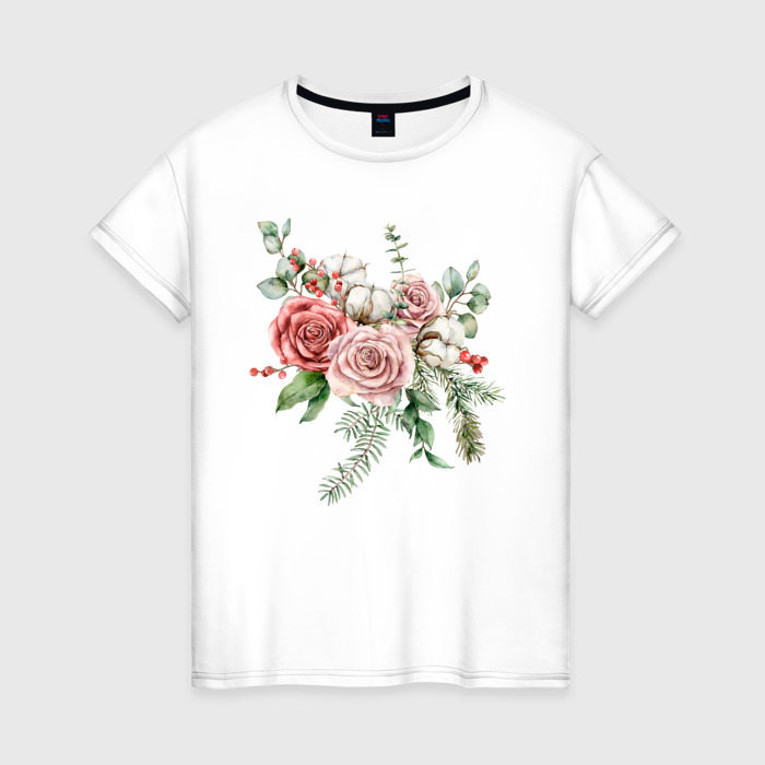 Женская футболка из хлопка с принтом букет роз, вид спереди №1